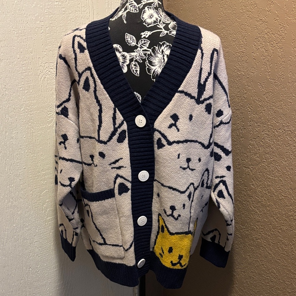 Aelfric Eden Cream & Navy Cardigan with Yellow Cat Detail - Picture 3 of 7